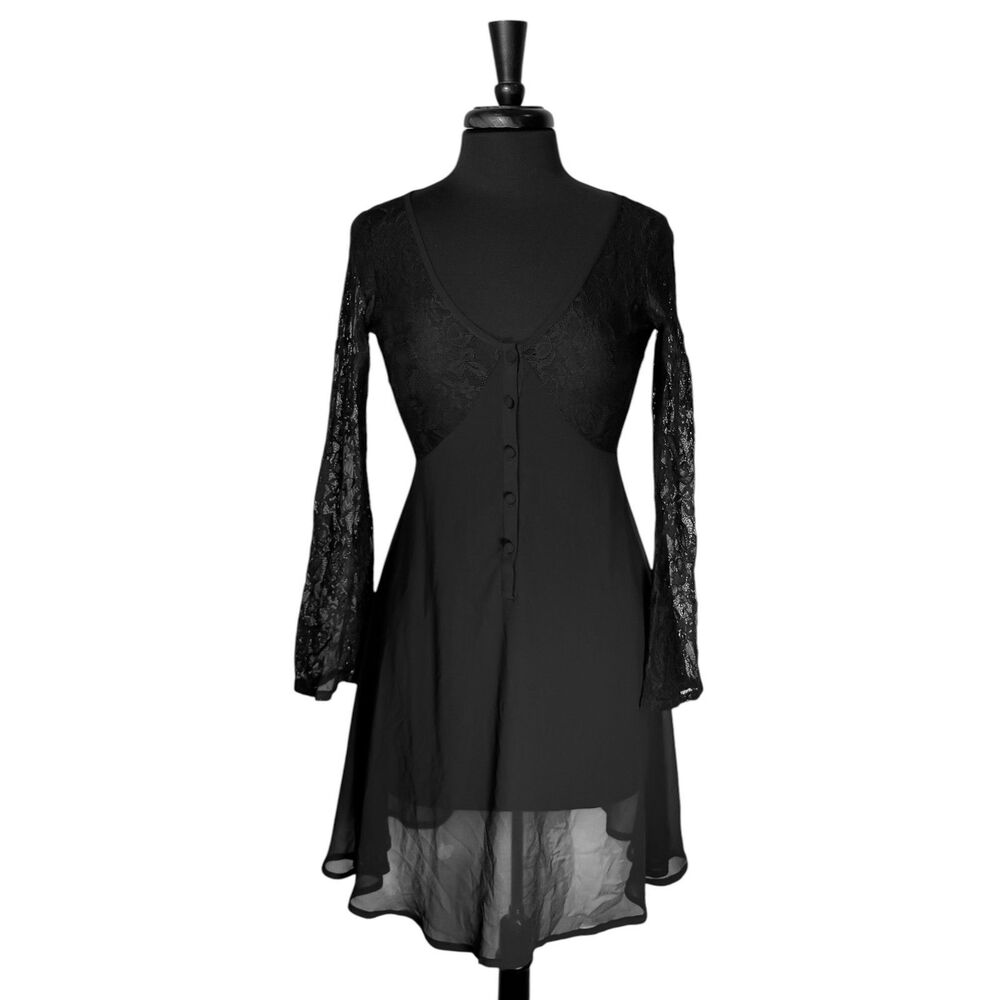 Hot Topic Dress S M Black Floral Lace Chiffon Goth Grunge Bell Sleeve Y2K Mini